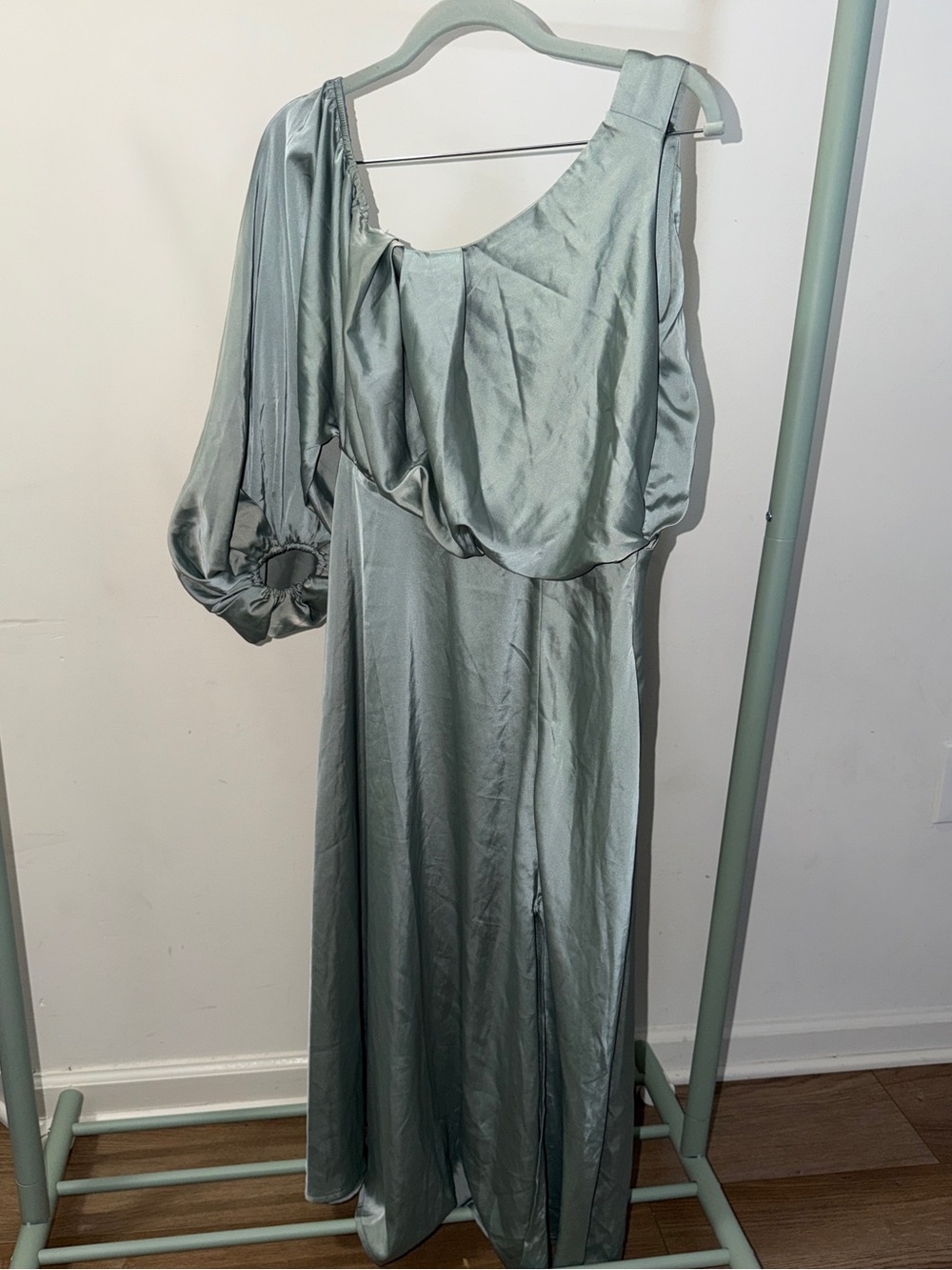 Missguided One-Shoulder Satin Maxi Dress in Sage